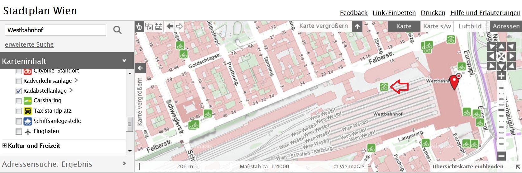 Ausschnitt des Stadtplans für Wien in dem die Bike & Ride Anlage beim Westbahnhof eingezeichnet ist