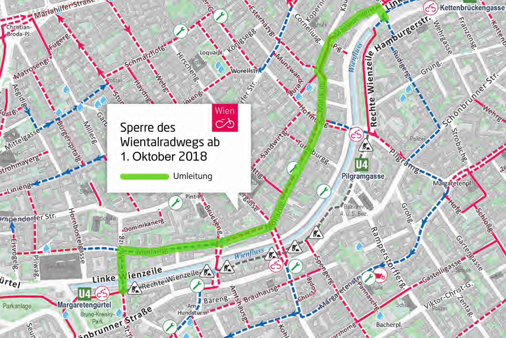 Plan zur Umleitung während der Baustellen Sperre am Wientalradweg