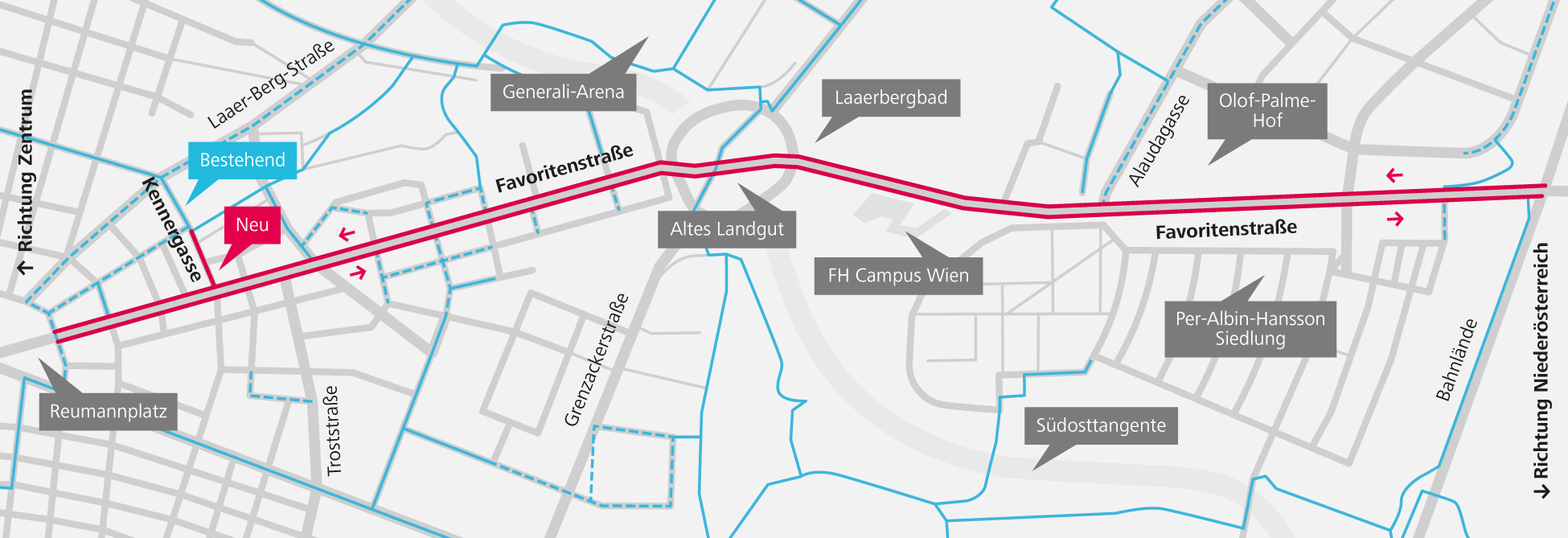 Eine vereinfachte Plandarstellung des Gebiets in Favoriten, in dem neuen Radwege entstanden sind. Erstellt von Johannes Essl