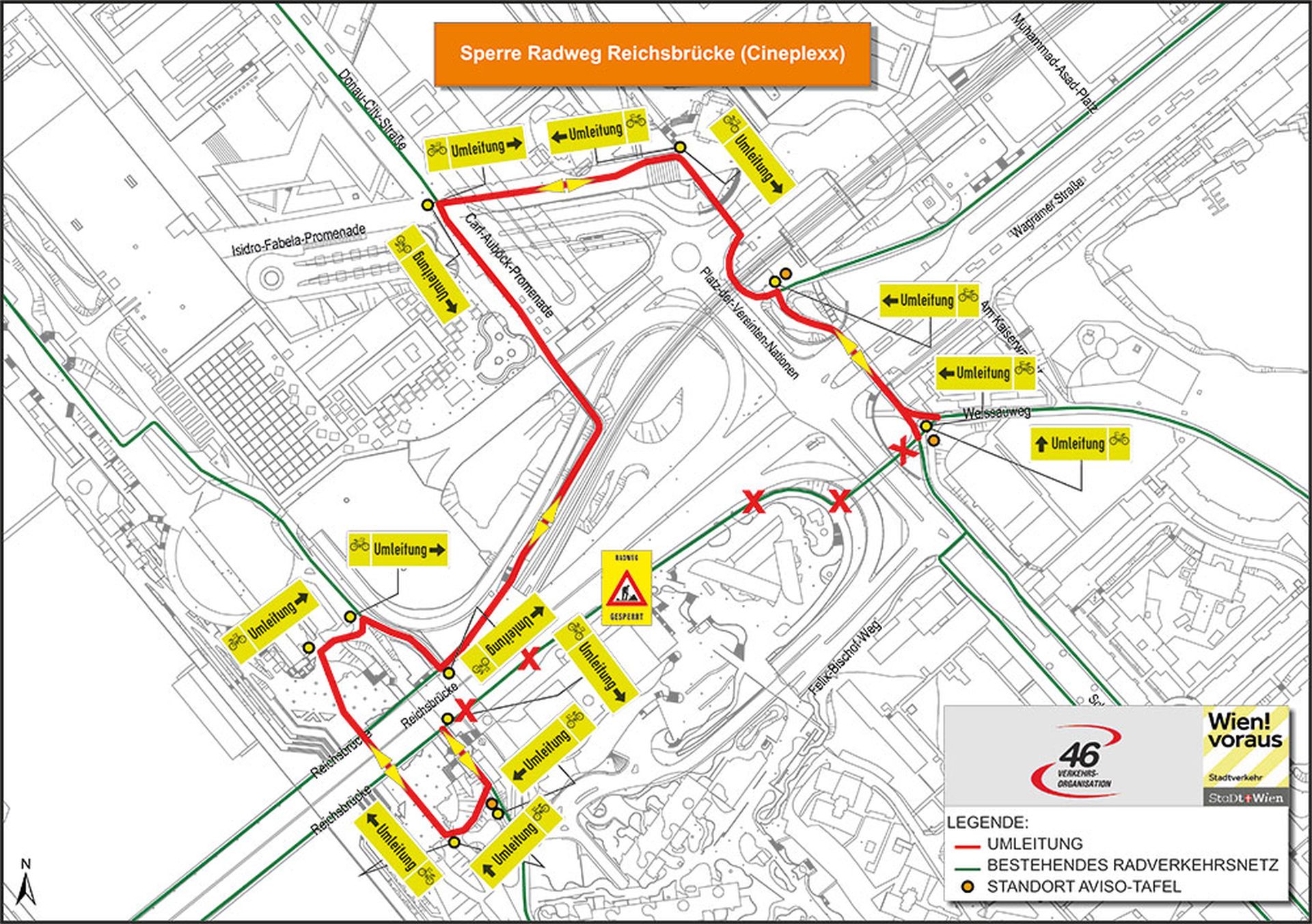 An der Reichsbrücke wird ein Gebäude abgerissen, weswegen im Jänner und Februar 2019eine Umleitung des Radverkehrs eingerichtet werden muss. Die Grafik der MA 46 stellt die Umleitung dar.