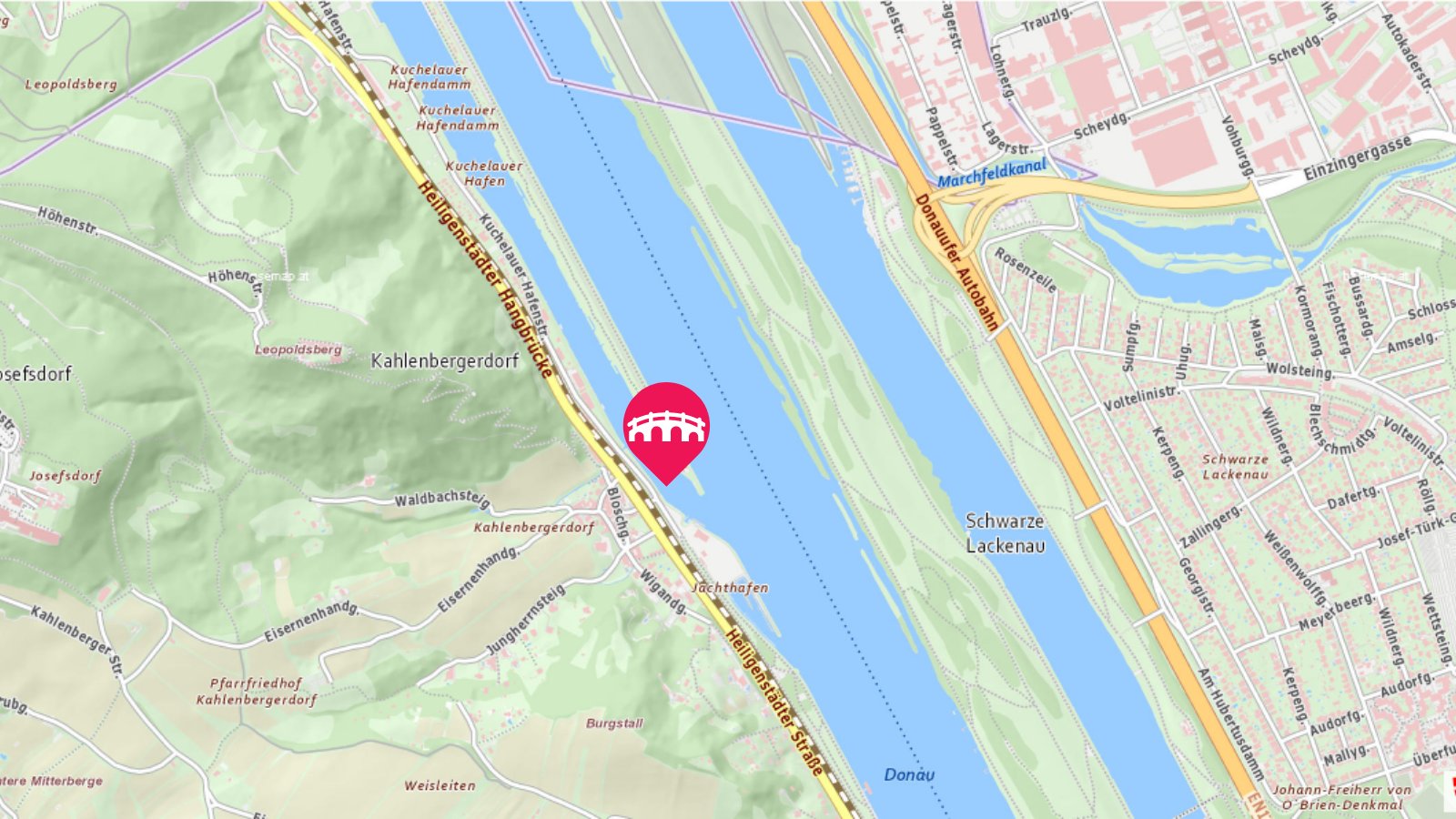 Stadtplan Wien zeigt die Position der neuen Brücke für den Rad- und Fußverkehr