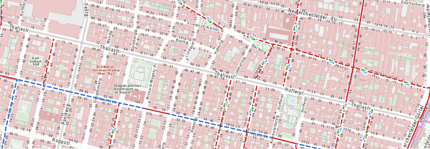 Ausschnitt aus dem Stadtplan Wien mit Radverkehrsanlagen und geöffneten Einbahnen