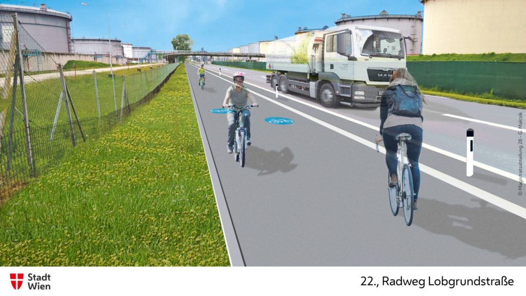 Grafische Visulaisierung des zukünftigen Radwegs im 22. Bezirk.