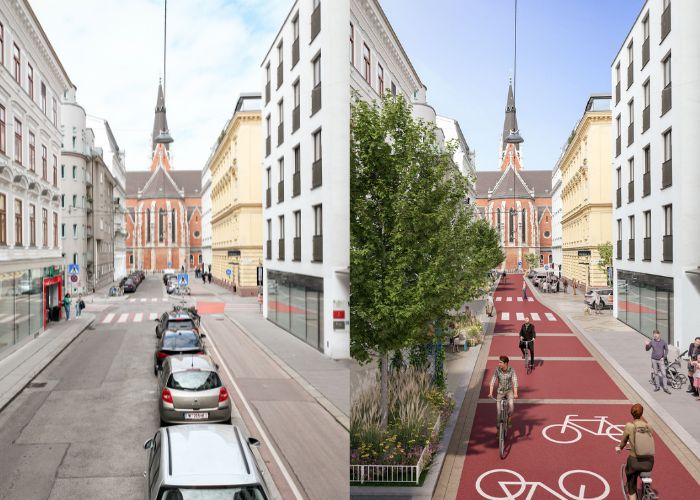 Ansicht der Argentinierstraße bei der Goldeggasse, man erkennt die neue Gestaltung nachdem Umbau zur Fahrradstraße