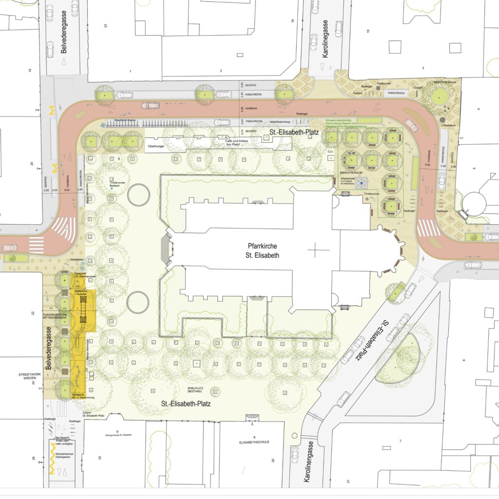 Plan des neuen St. Elisabeth-Platzes. Er zeigt die neuen Bäume und die Umgestaltung