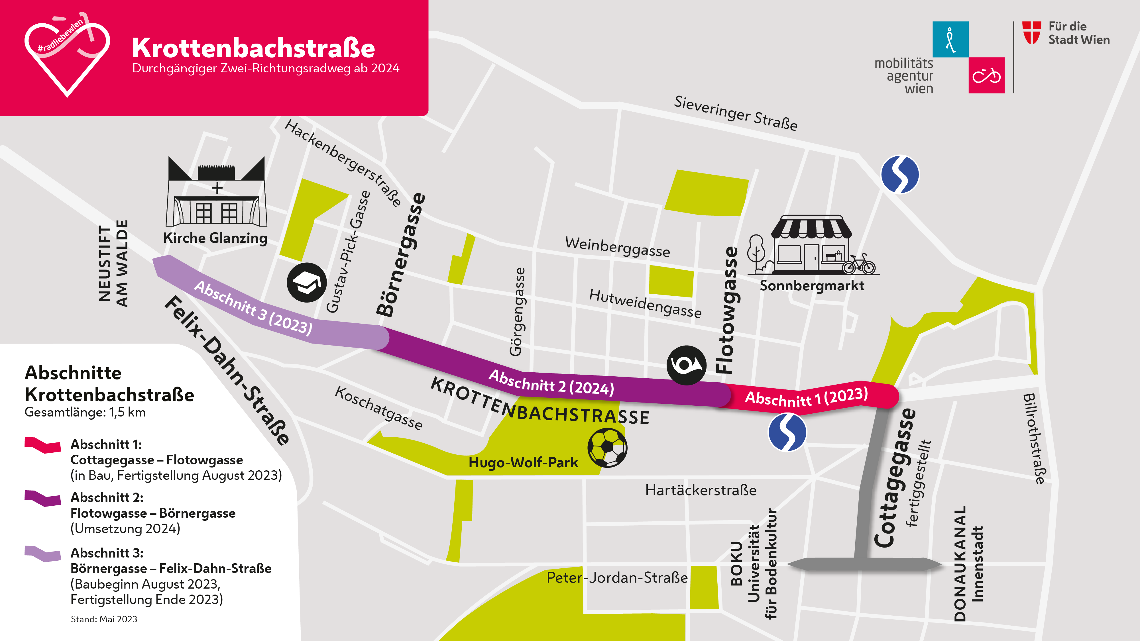 Plan von der Krottenbachstraße mit den drei Abschnitten, in denen Radwege gebaut werden