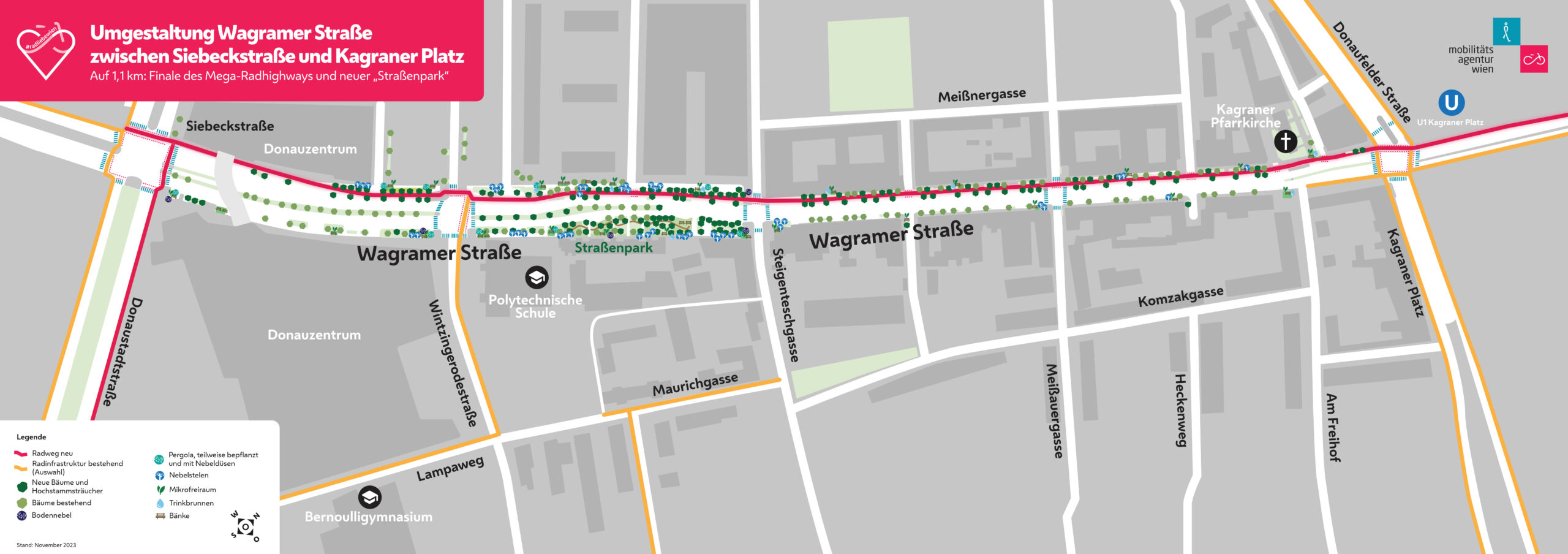 Schematische Überblickskarte mit Verlauf des Radwegs, neuen Bäumen und Begrünung